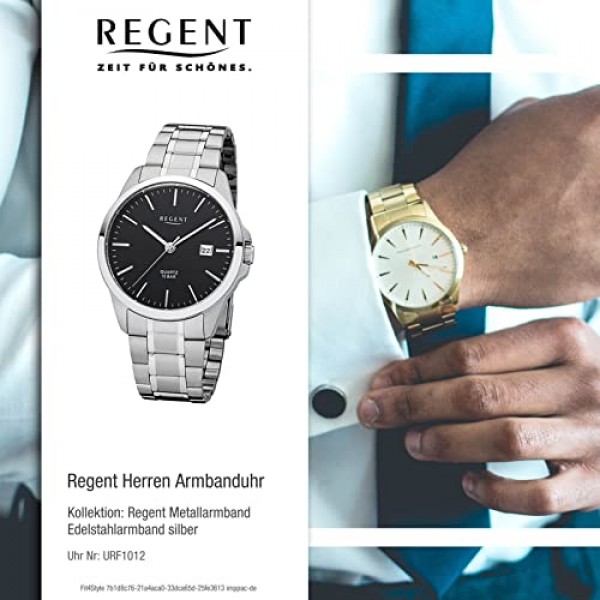 REGENT 남성용 아날로그 쿼츠 시계, 스테인리스 스틸 스트랩 11150644, 실버/블랙, 팔찌