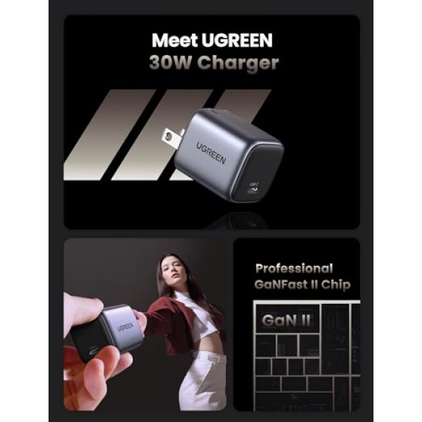 UGREEN 30W USB C 충전기, Nexode 접이식 GaN PPS 컴팩트 고속 벽 충전기 블록, iPhone 15 Pro Max/14/13, Galaxy S24 Ultra/S23(블랙)용 USB-C 전원 어댑터