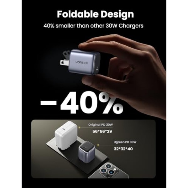 UGREEN 30W USB C 충전기, Nexode 접이식 GaN PPS 컴팩트 고속 벽 충전기 블록, iPhone 15 Pro Max/14/13, Galaxy S24 Ultra/S23(블랙)용 USB-C 전원 어댑터