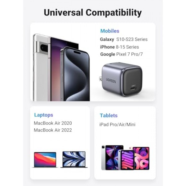 UGREEN 30W USB C 충전기, Nexode 접이식 GaN PPS 컴팩트 고속 벽 충전기 블록, iPhone 15 Pro Max/14/13, Galaxy S24 Ultra/S23(블랙)용 USB-C 전원 어댑터
