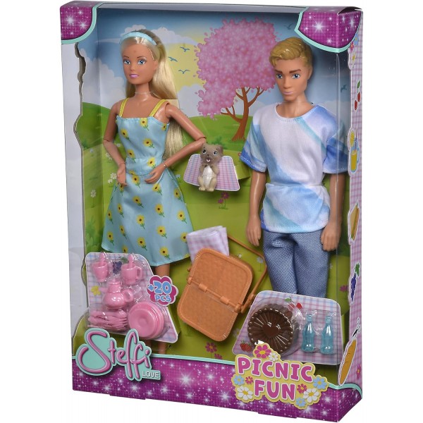 Simba 105733584 - Steffi Love Picnic Fun, 인형과 케빈과 함께하는 그녀의 달콤한 강아지 피크닉, 피크닉 바구니와 담요, 20개의 부품, 29cm 플레이 인형, 3세 이상