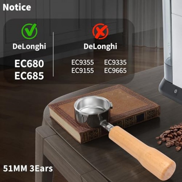 51mm 바텀리스 포터필터(3 이어), 필터 스테인리스 바구니 및 원목 손잡이, 커피 액세서리, Delonghi Dedica 스타일 시리즈 EC680 및 EC685에 적합(너도밤나무)