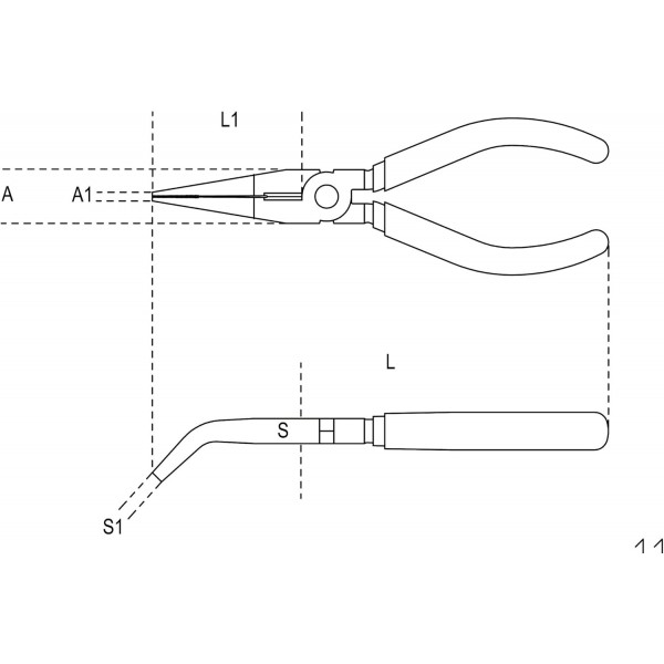 Beta 1164MQ160 - 구부러진 턱이 있는 플랫 노즈 플라이어, 길이가 매우 깁니다.