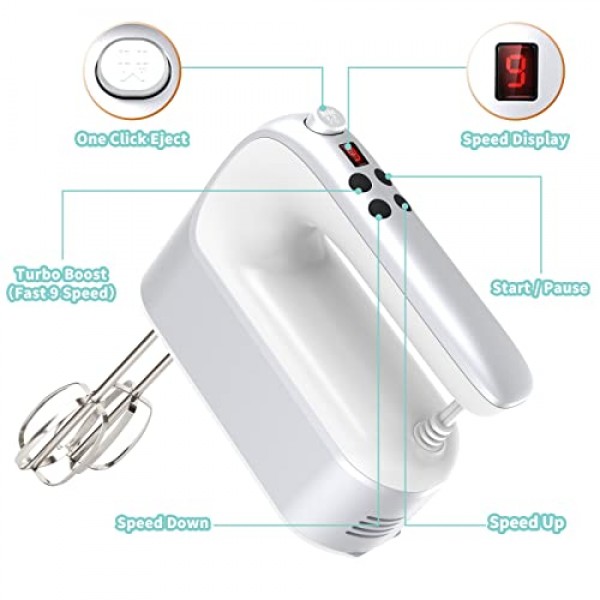 9단 디지털 핸드 믹서 전기, 400W 강력한 DC 모터, 스냅온 보관 케이스가 있는 휴대용 베이킹 믹서, 스테인리스 스틸 액세서리 5개, 플랫 비터, 반죽 후크, 거품기(은빛 및