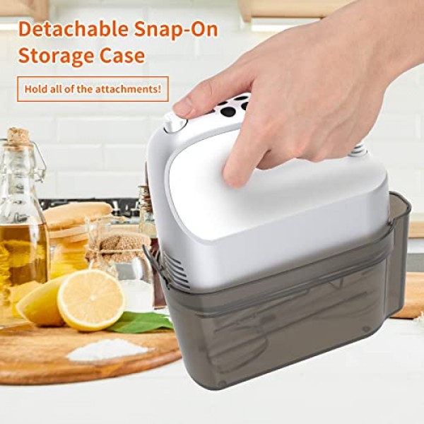 9단 디지털 핸드 믹서 전기, 400W 강력한 DC 모터, 스냅온 보관 케이스가 있는 휴대용 베이킹 믹서, 스테인리스 스틸 액세서리 5개, 플랫 비터, 반죽 후크, 거품기(은빛 및