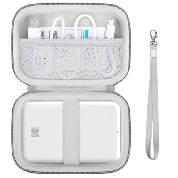 Kodak 스텝 컬러 인스턴트 포토 프린터용 하드 운반 케이스, 무선 Bluetooth 휴대용 스마트폰 프린터, USB 케이블용 메쉬 포켓, Zink 포토 용지, 회색