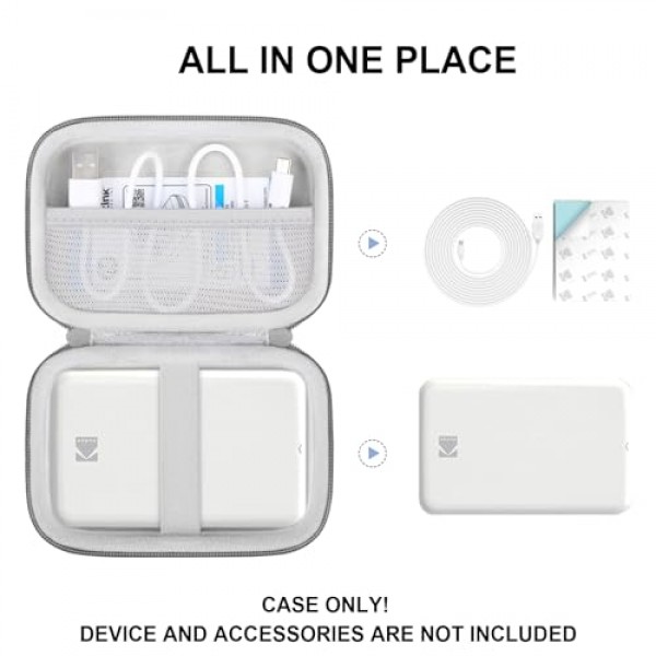 Kodak 스텝 컬러 인스턴트 포토 프린터용 하드 운반 케이스, 무선 Bluetooth 휴대용 스마트폰 프린터, USB 케이블용 메쉬 포켓, Zink 포토 용지, 회색