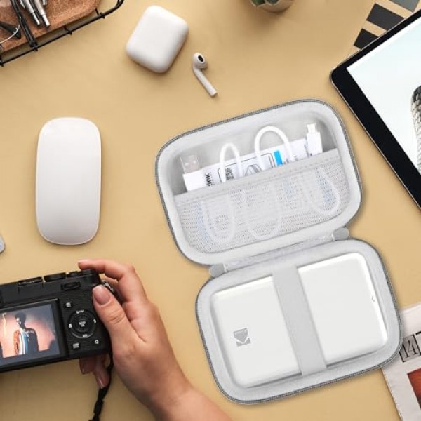Kodak 스텝 컬러 인스턴트 포토 프린터용 하드 운반 케이스, 무선 Bluetooth 휴대용 스마트폰 프린터, USB 케이블용 메쉬 포켓, Zink 포토 용지, 회색