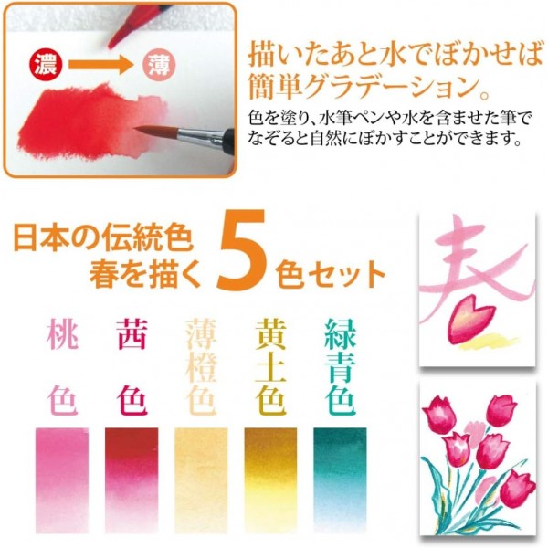 아카시야 SA-300 Fude Pinselstift mit Shin-Mouhitsu-Tinte 봄 5색 세트