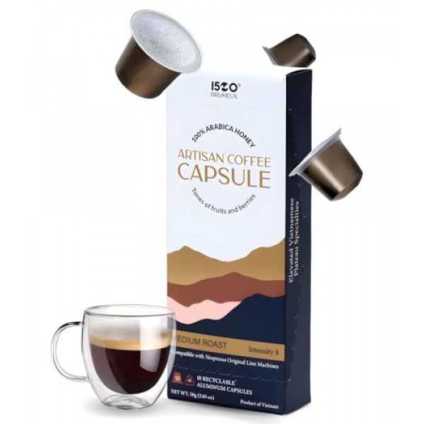 프리미엄 커피 캡슐 - 네스프레소 오리지널 머신과 100% 호환, BRUMEUX 유기농 허니 아라비카 커피 1500개, 미디엄 로스팅 8개, 재활용 가능한 알루미늄 포드 10개, 베트남 