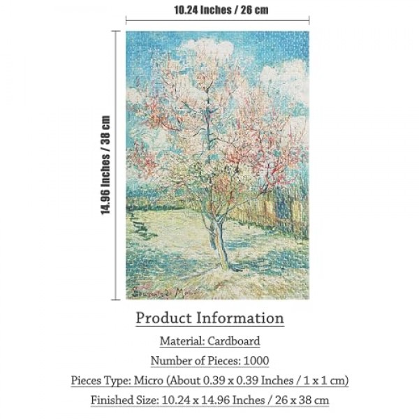 MISITU 직소 퍼즐 성인을 위한 1000 조각 미니 퍼즐 마이크로 조각 빈센트 윌렘 반 고흐의 핑크 복숭아 나무 도전적인 어려운 퍼즐 크리스마스 생일 선물 게임 10.24 x 14.96 