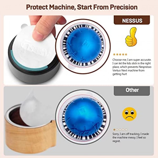 Nessus Vertuo 재사용 가능한 포드 키트, 50개 [ALSeal EZ FIT] 네스프레소 캡슐용 알루미늄 호일 씰 Vertuoline, 홀더 및 브러시, 리필 가능한 Vertuo 포드에 적합(포드는 포함되지 