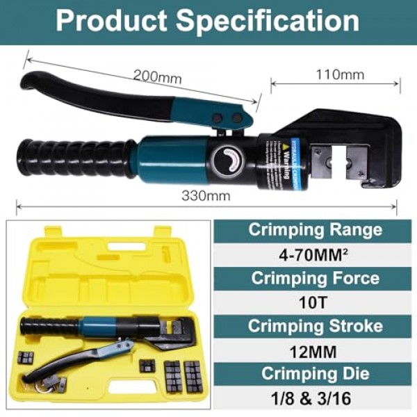 1/8 및 3/16 맞춤형 다이가 포함된 BLIKA 10톤 유압 압착 도구, 스테인레스 스틸 케이블 난간용 유압 핸드 크림퍼 도구, 1/8 ~ 3/16 케이블 난간 피팅용 케이블 난간 압착 도구