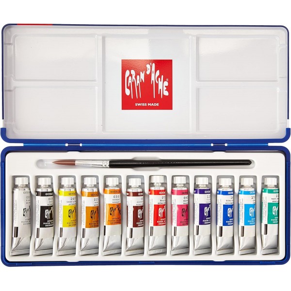 Caran d'Ache 2001.312 클래식 구아슈 스튜디오 모음 12개 페인트 튜브 10ml, 멀티컬러 12개 세트