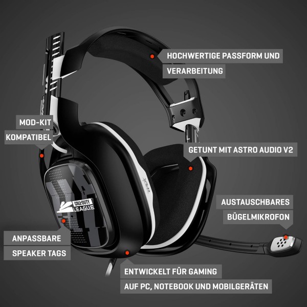 ASTRO Gaming A40 TR CALL OF DUTY 리그 에디션 유선 게이밍 헤드셋 4세대 ASTRO 오디오 V2 Dolby ATMOS 3.5mm 잭 교환 가능 마이크 Xbox X|S|One PS5 PS4 PC - 블랙/화이트