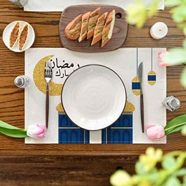 Artoid 모드 블링 블링 달과 별 식탁용 라마단 플레이스 매트, 12 x 18인치 계절 여름 휴가 소박한 세탁 가능 테이블 매트 4개 세트