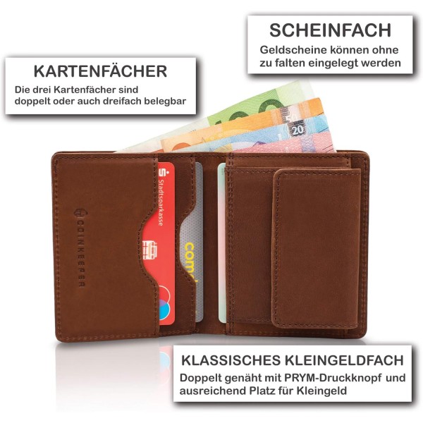 가죽으로 만든 CoinKeeper® 지갑 - RFID 보호 기능이 있는 소형 지갑 - 남성 및 여성용 슬림 지갑 - 동전 수납 공간이 있는 미니 지갑(브라운)