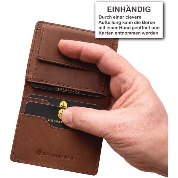 가죽으로 만든 CoinKeeper® 지갑 - RFID 보호 기능이 있는 소형 지갑 - 남성 및 여성용 슬림 지갑 - 동전 수납 공간이 있는 미니 지갑(브라운)