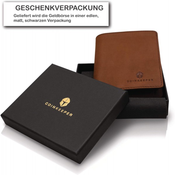 가죽으로 만든 CoinKeeper® 지갑 - RFID 보호 기능이 있는 소형 지갑 - 남성 및 여성용 슬림 지갑 - 동전 수납 공간이 있는 미니 지갑(브라운)