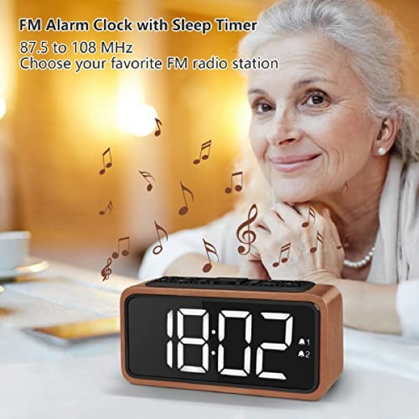 Netzu 디지털 알람 시계, 침실용 라디오 알람 시계, FM 라디오가 포함된 LED 알람 시계 목재, 더블 벨, 스누즈 기능, USB 충전 포트 및 배터리 백업, 깊은 슬리퍼를 위한 큰 