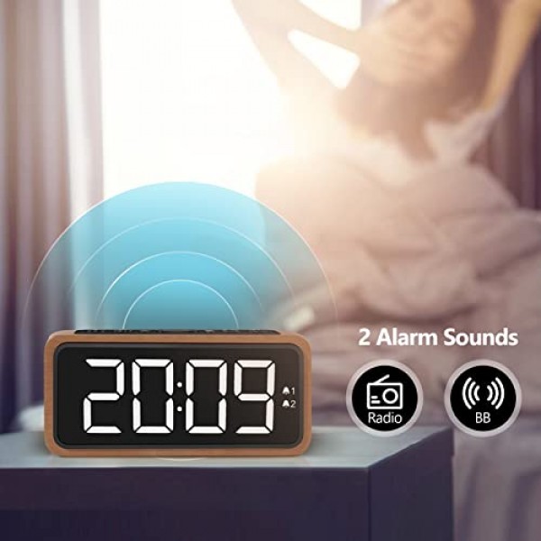 Netzu 디지털 알람 시계, 침실용 라디오 알람 시계, FM 라디오가 포함된 LED 알람 시계 목재, 더블 벨, 스누즈 기능, USB 충전 포트 및 배터리 백업, 깊은 슬리퍼를 위한 큰 