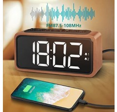 Netzu 디지털 알람 시계, 침실용 라디오 알람 시계, FM 라디오가 포함된 LED 알람 시계 목재, 더블 벨, 스누즈 기능, USB 충전 포트 및 배터리 백업, 깊은 슬리퍼를 위한 큰 