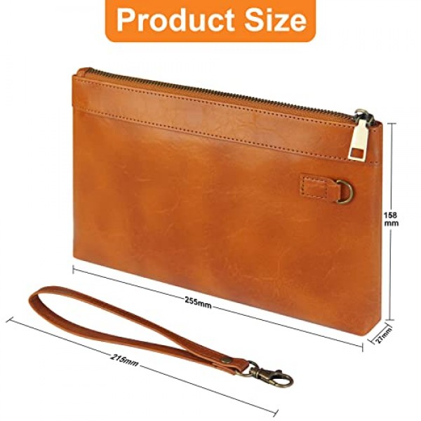 DingGuagua 남성용 가죽 손목 가방 비즈니스 지퍼 클러치 백 머니 RSE 클러치 백 핸드백 서류 가방 휴대폰 지갑 일일 또는 여행용 손목 지갑 지갑, 브라운