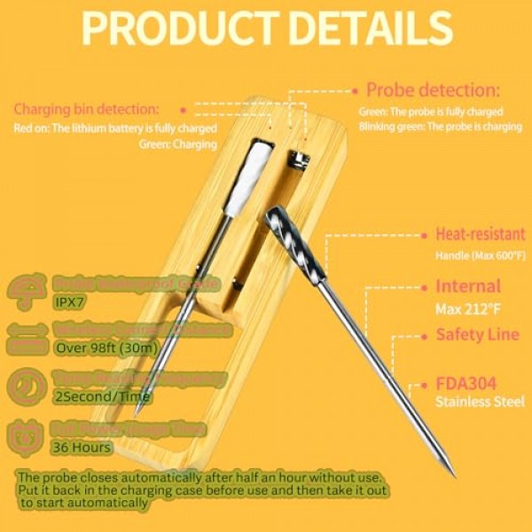 MUSICRAB 2-프로브 무선 스마트 고기 온도계 - 장거리 블루투스 범위, 세라믹 프로브 멀티 센서 고기 온도계, 바베큐 오븐 그릴 요리 선물용 방수 식품 온도계