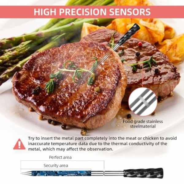 MUSICRAB 2-프로브 무선 스마트 고기 온도계 - 장거리 블루투스 범위, 세라믹 프로브 멀티 센서 고기 온도계, 바베큐 오븐 그릴 요리 선물용 방수 식품 온도계