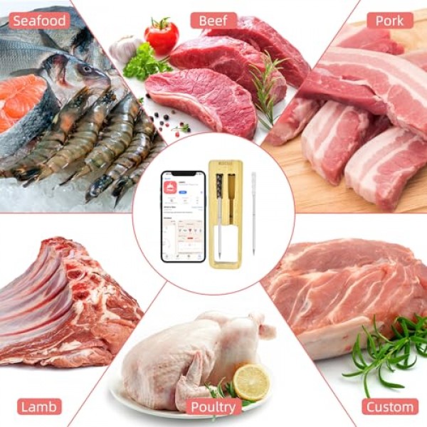 MUSICRAB 2-프로브 무선 스마트 고기 온도계 - 장거리 블루투스 범위, 세라믹 프로브 멀티 센서 고기 온도계, 바베큐 오븐 그릴 요리 선물용 방수 식품 온도계