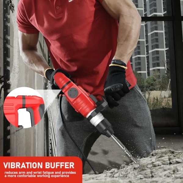 MPT 1-1/4인치 SDS-Plus 13Amp 헤비듀티 로터리 해머 드릴, 진동 제어 및 안전 클러치 포함, 콘크리트용 32mm, 드릴 비트 5개, 포인트 치즐, 플랫 치즐 포함