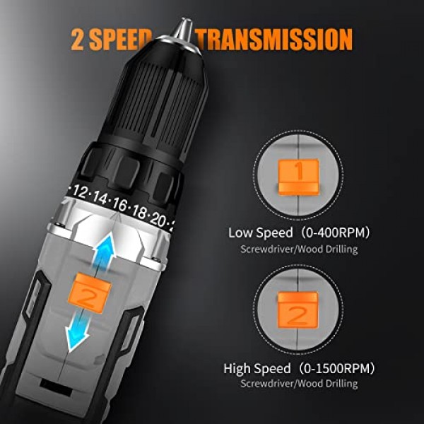 WORKSITE 무선 드릴/드라이버 세트(1/2인치 금속 척 포함), 442In-lb 토크의 파워 드릴 키트, 2단 변속기, 2.0A 배터리, 고속 충전기 및 40개 액세서리