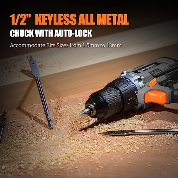 WORKSITE 무선 드릴/드라이버 세트(1/2인치 금속 척 포함), 442In-lb 토크의 파워 드릴 키트, 2단 변속기, 2.0A 배터리, 고속 충전기 및 40개 액세서리