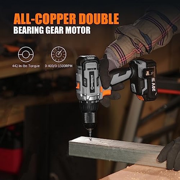 WORKSITE 무선 드릴/드라이버 세트(1/2인치 금속 척 포함), 442In-lb 토크의 파워 드릴 키트, 2단 변속기, 2.0A 배터리, 고속 충전기 및 40개 액세서리