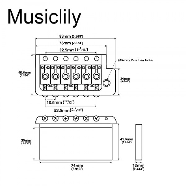 Musiclily Ultra 52.5mm 풀 솔리드 브래스 6나사 Strat 스타일 일렉트릭 기타용 PRS 스타일 트레몰로 브리지 나이프 엣지, 블랙