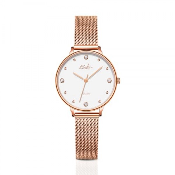 EBOHR 세련된 여성용 시계, 사파이어 유리 거울, 그린 선버스트 다이얼, 실버 메탈 우븐 스트랩, 방수 및 현대 여성에게 완벽하고 세련된 심플한 디자인