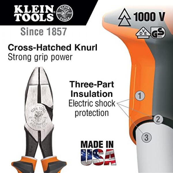 Klein Tools 20009NEEINS 고강도 절연 측면 절단 플라이어, 널링 조 및 1000V 정격을 갖춘 유선형 디자인