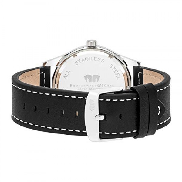 Rhodenwald & Söhne 10010317 남성용 시계 아날로그 일본 쿼츠 무브먼트, 정품 가죽 블랙 스트랩, 실버, 스트랩.