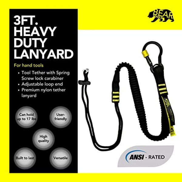 BearTOOLS ANSI 승인 공구 스프링 나사 잠금 카라비너가 포함된 랜야드 - 3피트 고강도, 최대 하중 17lbs - 충격 흡수 랜야드 - 조절 가능한 루프 - 낙하물 방지 - 3팩