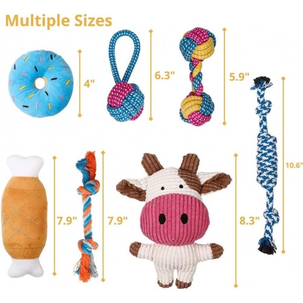 MAHA YOGI 강아지, 중소형 강아지용 장난감 [7팩] - 삐걱거리는 장난감, 씹는 장난감, 밧줄 장난감 - 강아지 친화적인 천연 면, 무독성 소재