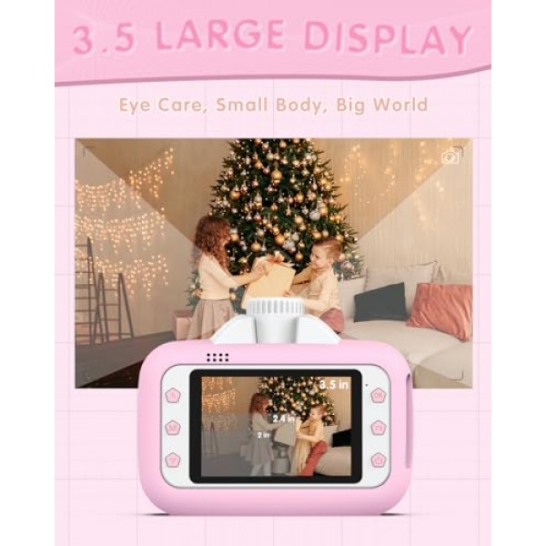 즉석 인쇄 어린이 카메라, 소녀를 위한 크리스마스 생일 선물 3.5인치 대형 스크린 디지털 WiFi 어린이 카메라(32G SD 카드 포함) 3-12세
