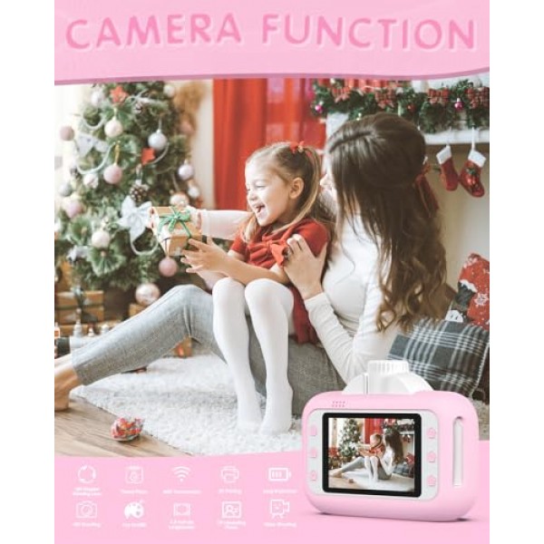 즉석 인쇄 어린이 카메라, 소녀를 위한 크리스마스 생일 선물 3.5인치 대형 스크린 디지털 WiFi 어린이 카메라(32G SD 카드 포함) 3-12세
