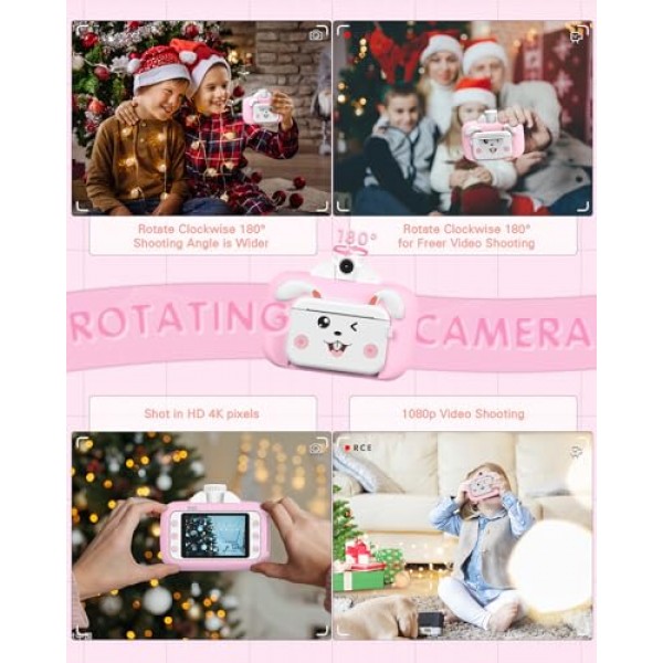 즉석 인쇄 어린이 카메라, 소녀를 위한 크리스마스 생일 선물 3.5인치 대형 스크린 디지털 WiFi 어린이 카메라(32G SD 카드 포함) 3-12세