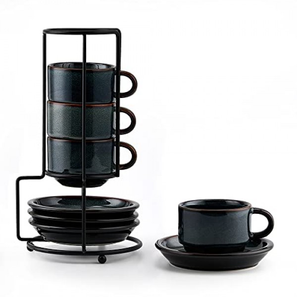 JIEMEI HOME Porcelain 쌓을 수 있는 에스프레소 컵(접시 및 금속 스탠드 포함), 특수 커피 음료용 4온스 데미타스 컵, 라떼, 4개 차 세트, 쌓을 수 있는 에스프레소 머그, 녹색