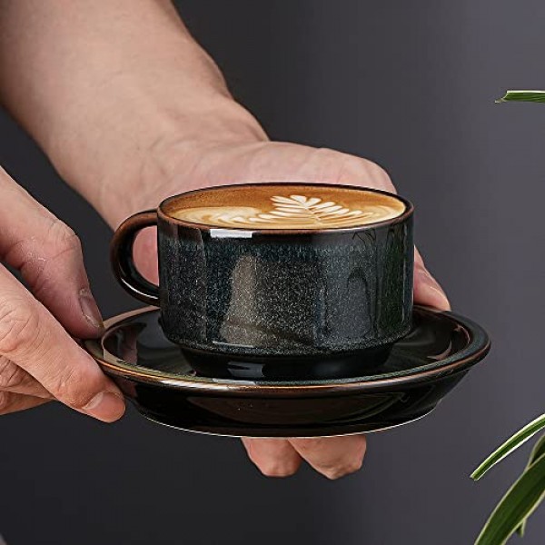 JIEMEI HOME Porcelain 쌓을 수 있는 에스프레소 컵(접시 및 금속 스탠드 포함), 특수 커피 음료용 4온스 데미타스 컵, 라떼, 4개 차 세트, 쌓을 수 있는 에스프레소 머그, 녹색