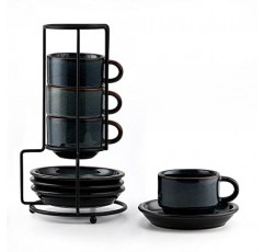 JIEMEI HOME Porcelain 쌓을 수 있는 에스프레소 컵(접시 및 금속 스탠드 포함), 특수 커피 음료용 4온스 데미타스 컵, 라떼, 4개 차 세트, 쌓을 수 있는 에스프레소 머그, 녹색