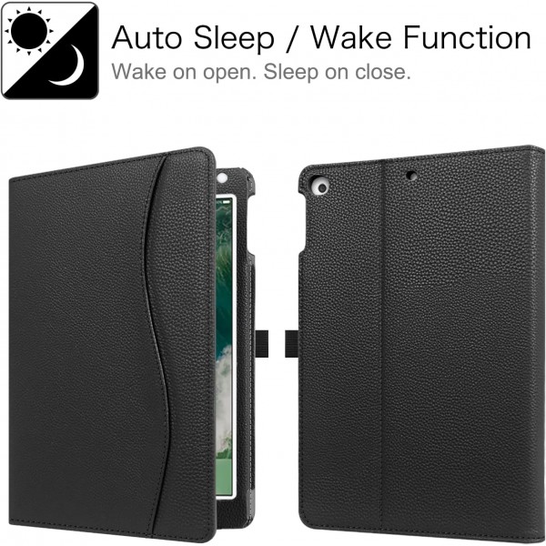 iPad 9.7인치 2018 2017 / iPad Air 2 / iPad Air용 Fintie 케이스 - [코너 프로텍션] 문서 슬롯이 있는 다각도 뷰잉 폴리오 스탠드 보호 케이스, 자동 잠자기/깨우기, 블랙 블랙