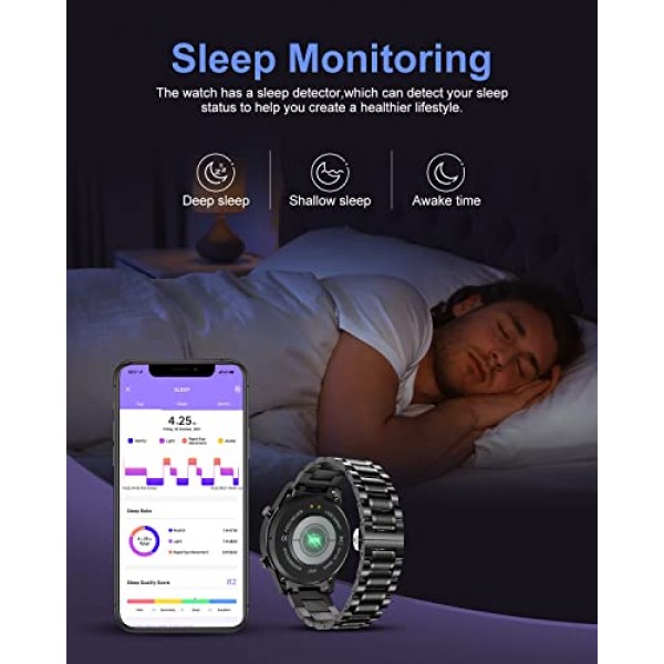 LIGE 남성용 스마트워치 피트니스 트래커(블루투스 통화 응답 심박수 안드로이드 휴대폰 iPhone, IP67 방수 스포츠 시계 스테인레스 스틸 1.3인치 터치스크린 휴대폰 시계 