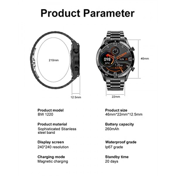 LIGE 남성용 스마트워치 피트니스 트래커(블루투스 통화 응답 심박수 안드로이드 휴대폰 iPhone, IP67 방수 스포츠 시계 스테인레스 스틸 1.3인치 터치스크린 휴대폰 시계 