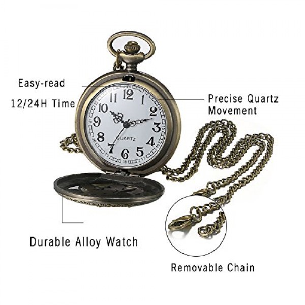 JewelryWe 레트로 동백 꽃 주머니 시계 여성 남여 아날로그 석영 시계 목걸이 체인 주머니 시계 선물